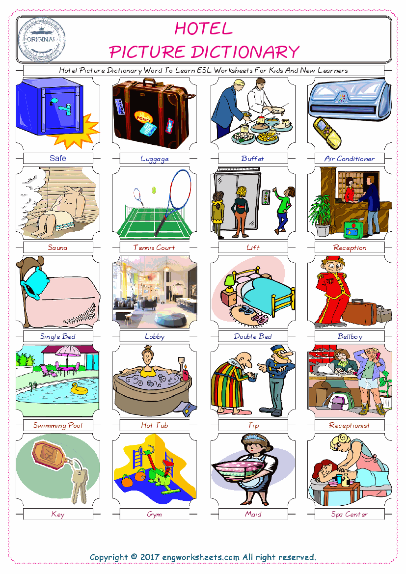  Hotel English Worksheet for Kids ESL Printable Picture Dictionary 